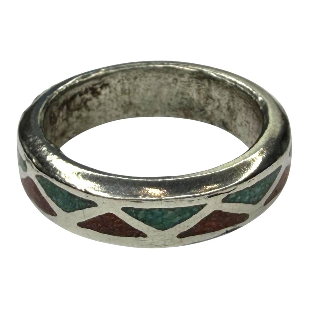 Vintage Band Ring Nickel Silver Size 14 Turquoise Coral Chip Inlay